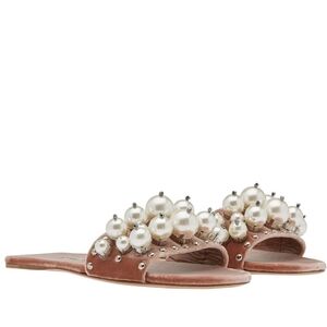 Miu Miu Burgundy Velvet Faux Pearl Embellished Flat Slides sz 37/6.5